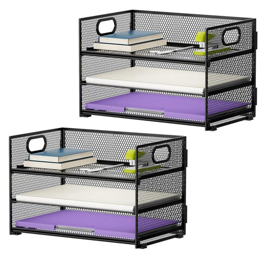Marbrasse 3 Tier Paper Organizer Letter Tray, Mesh File Organizer with Handle, Paper Sorter Desk Organizer for Home Office Supplies - 2p - color: 2p-black