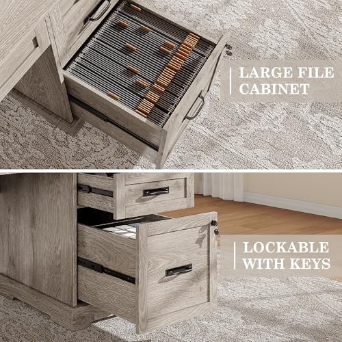 Alohappy 55'' Farmhouse Executive Desk, Home Office Desk with Drawers, Wood Computert Desk with File Cabinet and Power Outlets, Light Wash Gray - color: Light Wash Gray, size: 55''