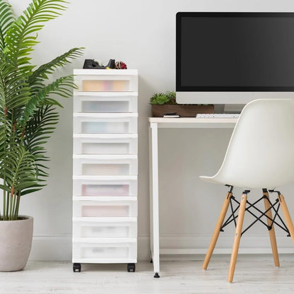 Nine-drawer narrow plastic storage cabinet with top organizer shelf, white.