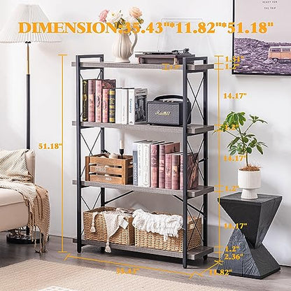 HCHQHS Bookshelf, 4-Tier Industrial Bookcase, Rustic Open Book Shelf, Freestanding Tall Bookshelves with Metal Frame - color: Grey, size: 4-Tier (35.8"W x 51.2"H)