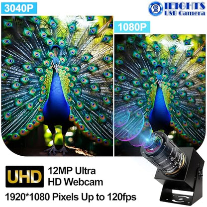 12mp Manual Zoom USB Camera for Computer, 120FPS/1080P High Speed Webcam | 3.6-10mm 3X Zoom Lightburn Camera for Laser, Varifocal Close-up PC Camera for USB Microscope, Pet Monitoring & Surveillance