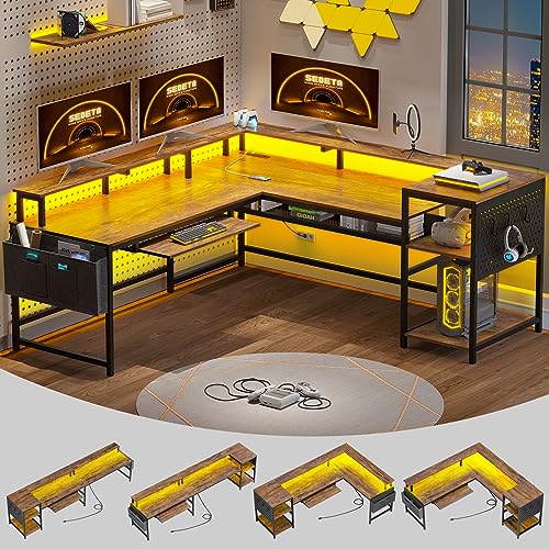 SEDETA L Shaped Computer Desk, Reversible Computer Desks, L Shaped Desk with Power Outlets & LED Strip, Monitor Shelf, Keyboard Tray, Pegboard and Storage Shelves for Home Office, Rustic Brown - color: Rustic Brown