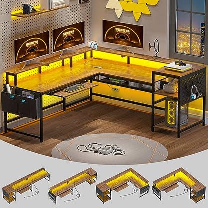 SEDETA L Shaped Computer Desk, Reversible Computer Desks, L Shaped Desk with Power Outlets & LED Strip, Monitor Shelf, Keyboard Tray, Pegboard and Storage Shelves for Home Office, Rustic Brown - color: Rustic Brown