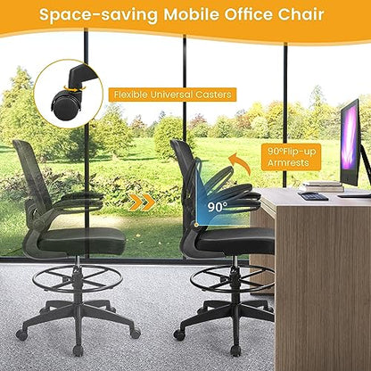 COSTWAY Drafting Chair with Flip-up Armrests & Adjustable Foot Ring, 1 Pack - color: Black