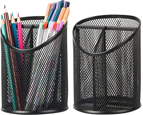Delifox 2 Pack Pen Holder Mesh Round Pencil Holder 3 Compartments, Black | Pen Organizer for Office Home - color: Black