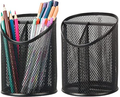 Delifox 2 Pack Pen Holder Mesh Round Pencil Holder 3 Compartments, Black | Pen Organizer for Office Home - color: Black