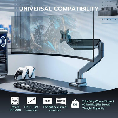 Heavy Duty Single Monitor Mount for 13"-49" Curved Screens with USB, Gray - color: Grey, style: with USB