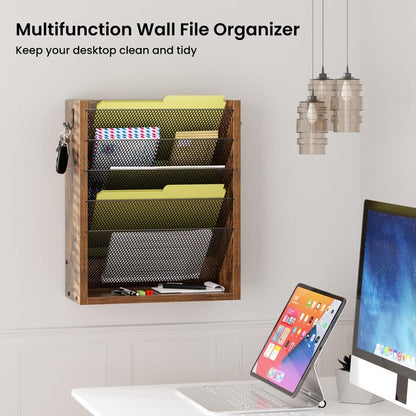 Mail Organizer Wall Mounted, 6-Slot Hanging File Organizer with Key Holder - color: Rustic Brown （wall Mount）