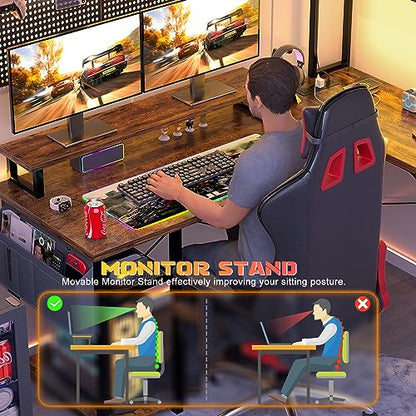 Aheaplus Small L Shaped Desk Gaming Desk with LED Lights & Power Outlets - color: Rustic Brown