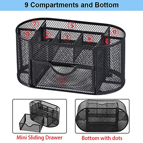 Desk Organizer Stationery Storage, Pencil Holder for Desk, Wire Mesh Office Supplies Desk Accessories Workspace Organizers with 9 Compartments and Mini Drawer (Black) - style: 9 Compartments