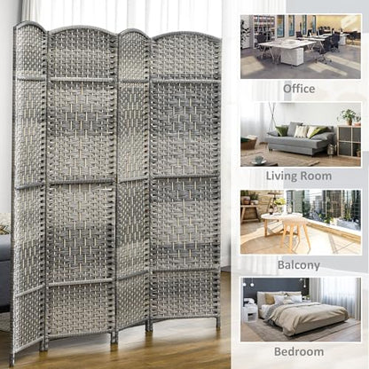 HOMCOM 6 Panel Room Divider 6 Ft Privacy Screen Hand-Woven Mixed Gray | Folding PP Wall Partition, Pine Wood Frame, Freestanding Room Separator, Bedroom Home Office, No Assembly - color: Mixed Gray, size: 6 Panel