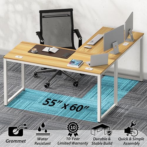 SHW 55 x 60 Commercial-Grade L-Shape Corner Office Computer Desk, Oak - color: Oak