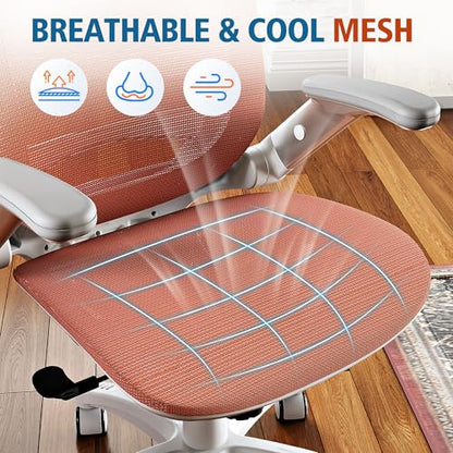 GABRYLLY Ergonomic Office Chair, High Back Home Desk Chair with 2D Flip-Up Arms, 3D Headrest, 90-120° Tilt and Wide Cushion, Big and Tall Mesh Chairs for Man Woman, Computer Task Chair Orange - color: White Frame Orange Mesh