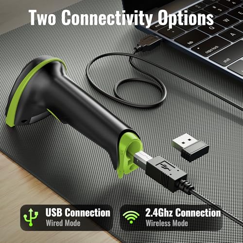 Tera Barcode Scanner with Battery Indicator: 1D Wireless, 5100 Green | USB Wired 2.4G Wireless Reader, 2200mAh Battery, 1D Laser Scanning, IP54 Protection, Retail Checkout Warehouse Library School - color: 1D Green