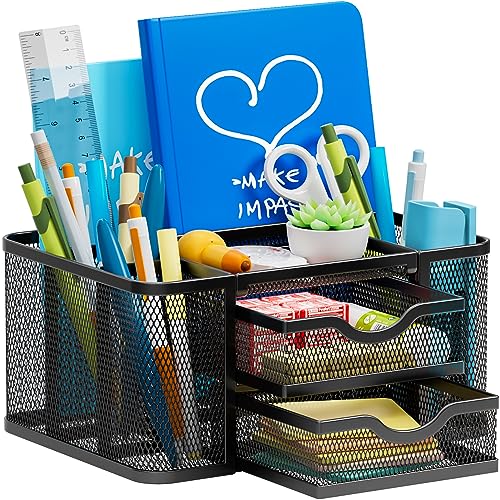 Marbrasse Mesh Desk Organizer, Pen Organizer with 2 Drawer, Multi-Functional Pencil Holder, Desk Organizers and Accessories with 5 Compartments + Drawer for Office Art Supplies (Black) - color: Black