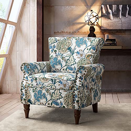 HULALA HOME Traditional Floral Accent Chair with Solid Wood Legs, Green | Comfy Upholstered Armchair Reading Chair with Rolled Armrests, Nailhead Trim, Removable Cushion, for Living Room Bedroom - color: Green