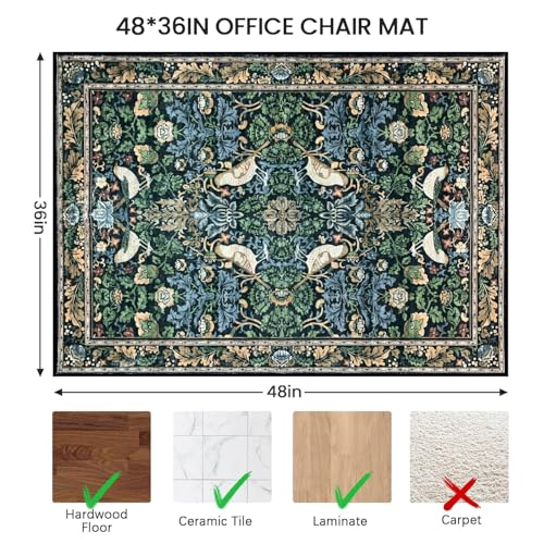 Office Chair Mat for Hardwood/Tile Floor, 36"x48"Desk Chair Mat for Rolling, Non Slip Under TPR Backing Low-Pile Rug(Boho Flowers Birds) - color: Boho Flowers Birds