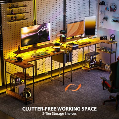 HOMCOM 58" L Shaped Gaming Desk with Power Outlets Reversible Rustic Brown | LED Lights, Computer Desk with Monitor Stand, Fabric Storage Bag, Cable Management, for Home Office