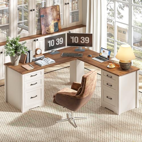 Vabches 59" L-Shaped Executive Desk with 6 Drawers for Home Office, White | Wood Corner Computer Desk with 2 File Drawers & 4 Storage Drawers,Farmhouse Sturdy Writing Workstation,Computer Writing Desk - color: 59in White With L-shaped