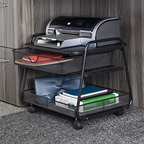 Safco 5208BL Onyx Under-Desk Rolling Machine Stand, Black, 21"W x 16"D x 17.5"H for Printer and Fax Machines With Basket and Drawer Storage. Perfect for Home, Office and Classrooms - color: Black Mesh
