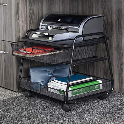 Safco 5208BL Onyx Under-Desk Rolling Machine Stand, Black, 21"W x 16"D x 17.5"H for Printer and Fax Machines With Basket and Drawer Storage. Perfect for Home, Office and Classrooms - color: Black Mesh