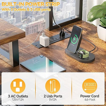 Aheaplus Small L Shaped Desk Gaming Desk with LED Lights & Power Outlets - color: Rustic Brown