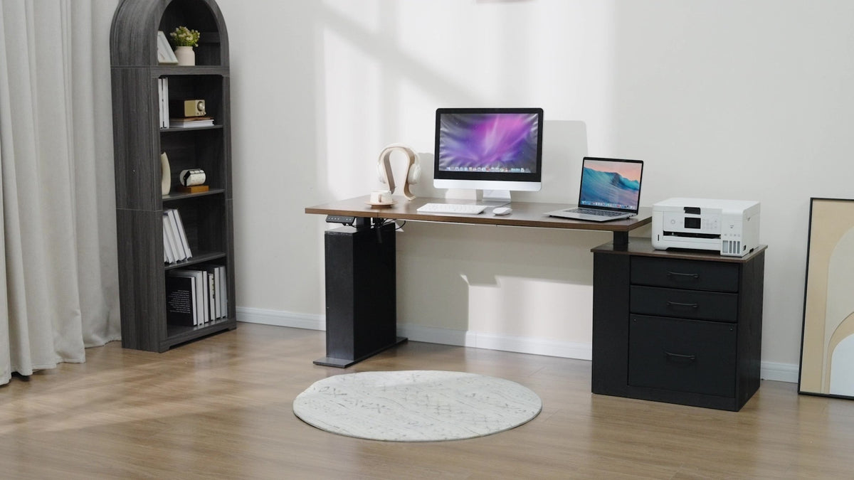 75.5 Inches Electric Standing Desk with Drawers Farmhouse Sit Stand Desk with Storage Adjustable Height Computer Desk with Power Outlets Printer Space for Home Office Black and Walnut